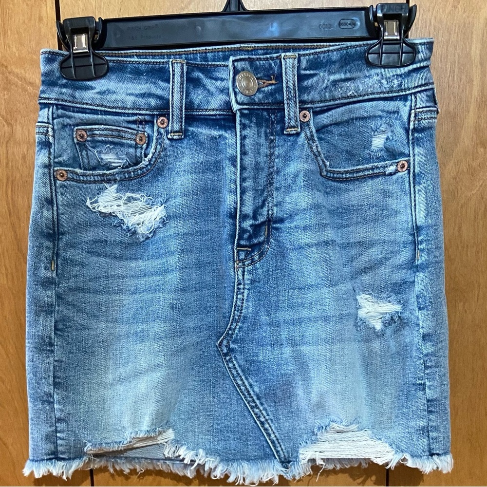 American Eagle Hi-Rise Super Stretch Mini Skirt, Distressed Denim, Raw Hem